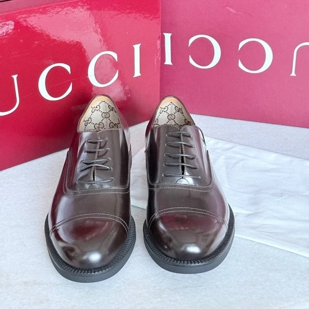 Gucci 812153 Mens Tempe‎ Cap-Toe Dark Brown Leather Oxford Shoes, UK8. US 8.5